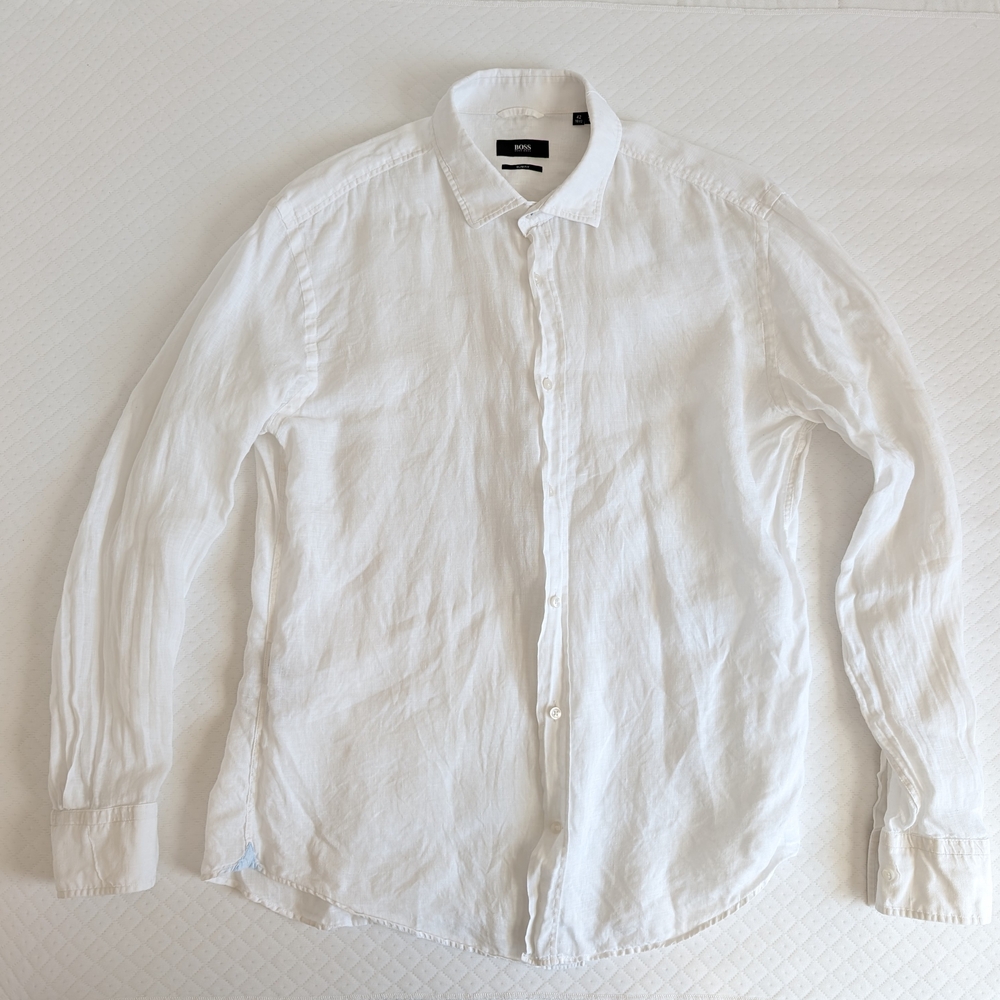 Hugo Boss White Long-Sleeve Linen Button-Down Shirt Slim Fit size 16.5 resort